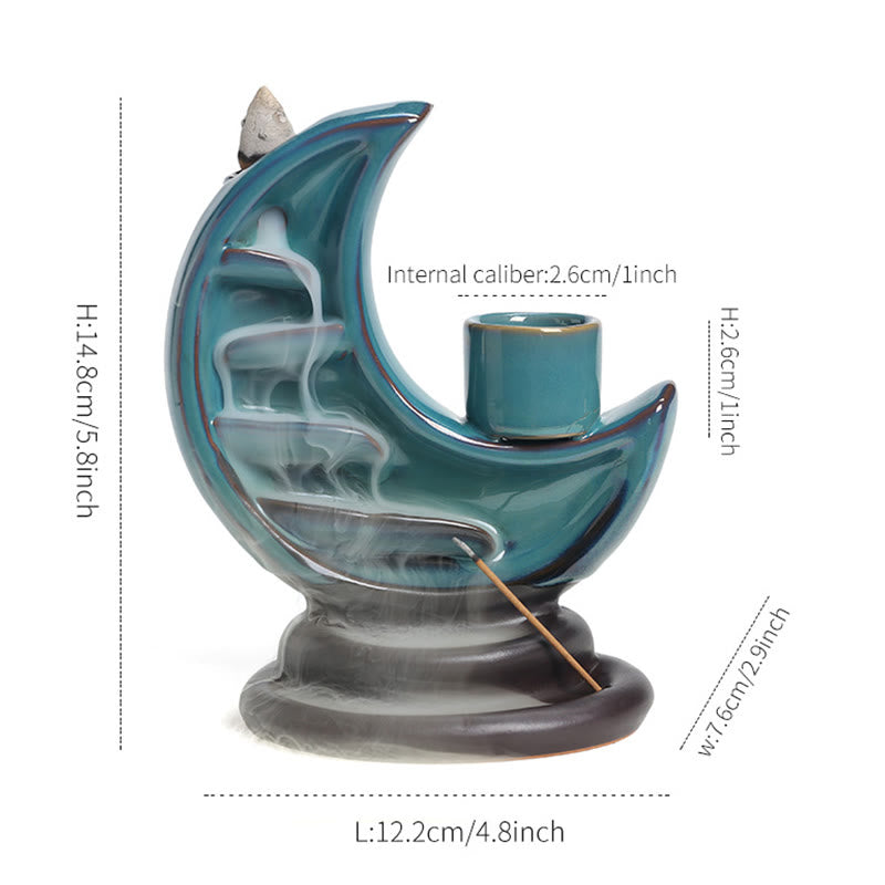 Brûleur d’Encens Lune Croissante Bleu en Céramique à Reflux – 12,2 cm