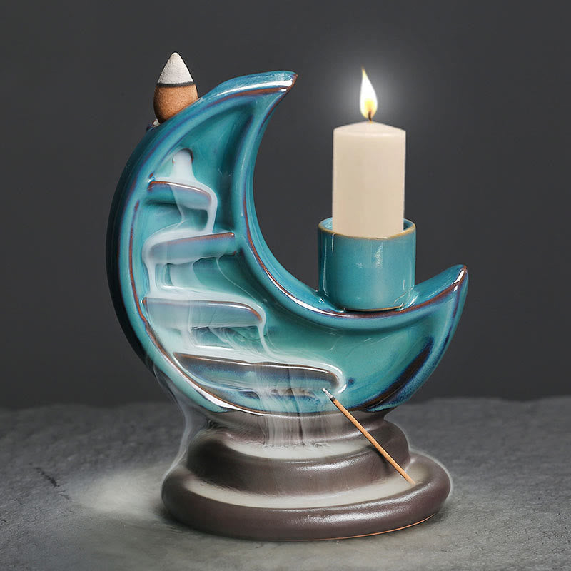 Brûleur d’Encens Lune Croissante Bleu en Céramique à Reflux – 12,2 cm