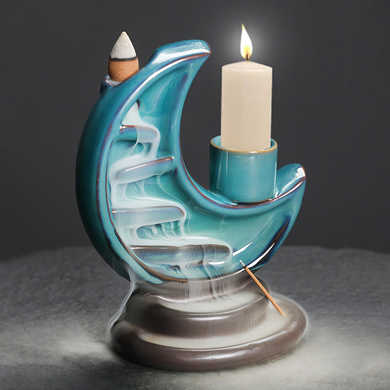 Brûleur d’Encens Lune Croissante Bleu en Céramique à Reflux – 12,2 cm