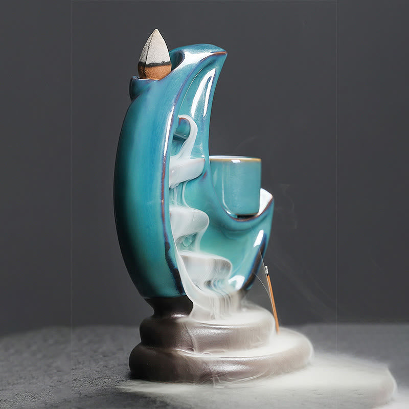 Brûleur d’Encens Lune Croissante Bleu en Céramique à Reflux – 12,2 cm