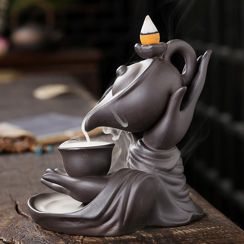 Bouddha Main Tenant Théière Tasse Céramique Fontaine de Fumée à Refoulement Brûleur d'Encens de Guérison Décoration
