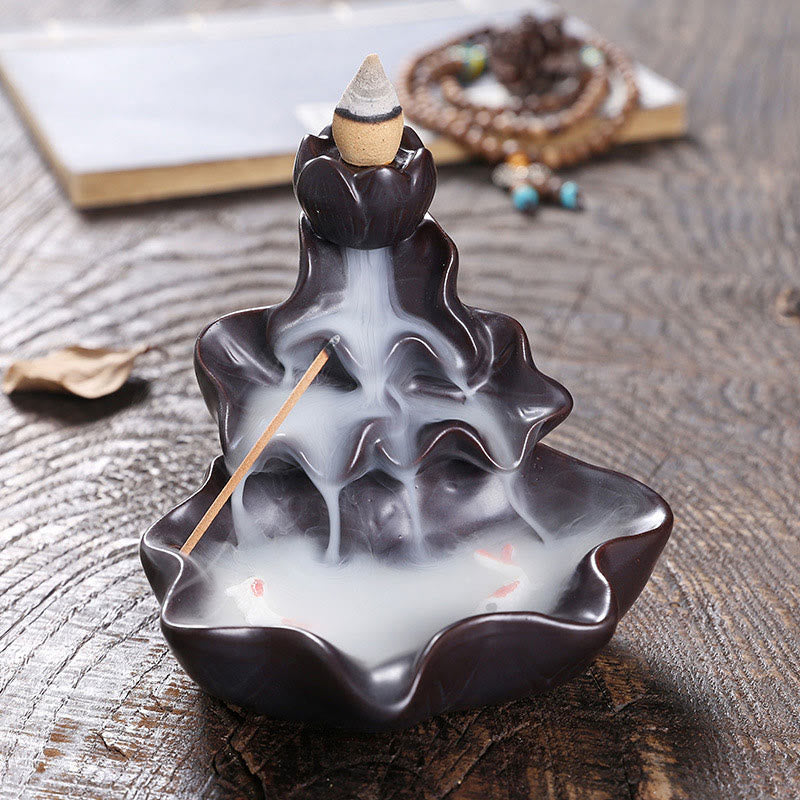 Porte-Encens à Reflux Lotus avec Poisson Koi en Céramique – 11,5 cm