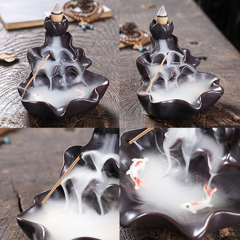 Porte-Encens à Reflux Lotus avec Poisson Koi en Céramique – 11,5 cm