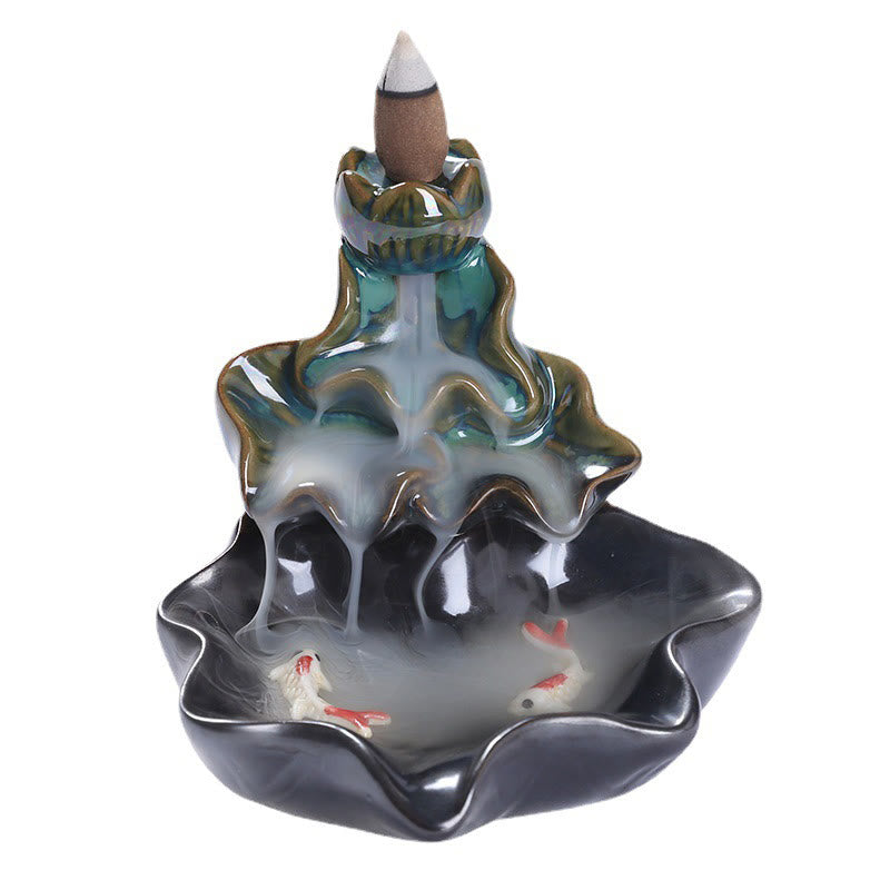 Porte-Encens à Reflux Lotus avec Poisson Koi en Céramique – 11,5 cm