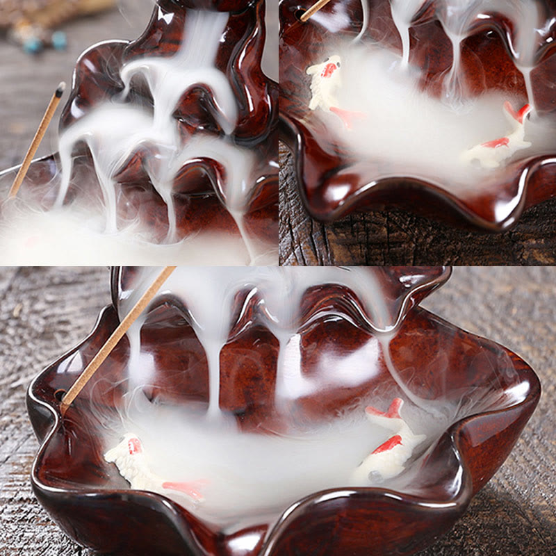 Porte-Encens à Reflux Lotus avec Poisson Koi en Céramique – 11,5 cm