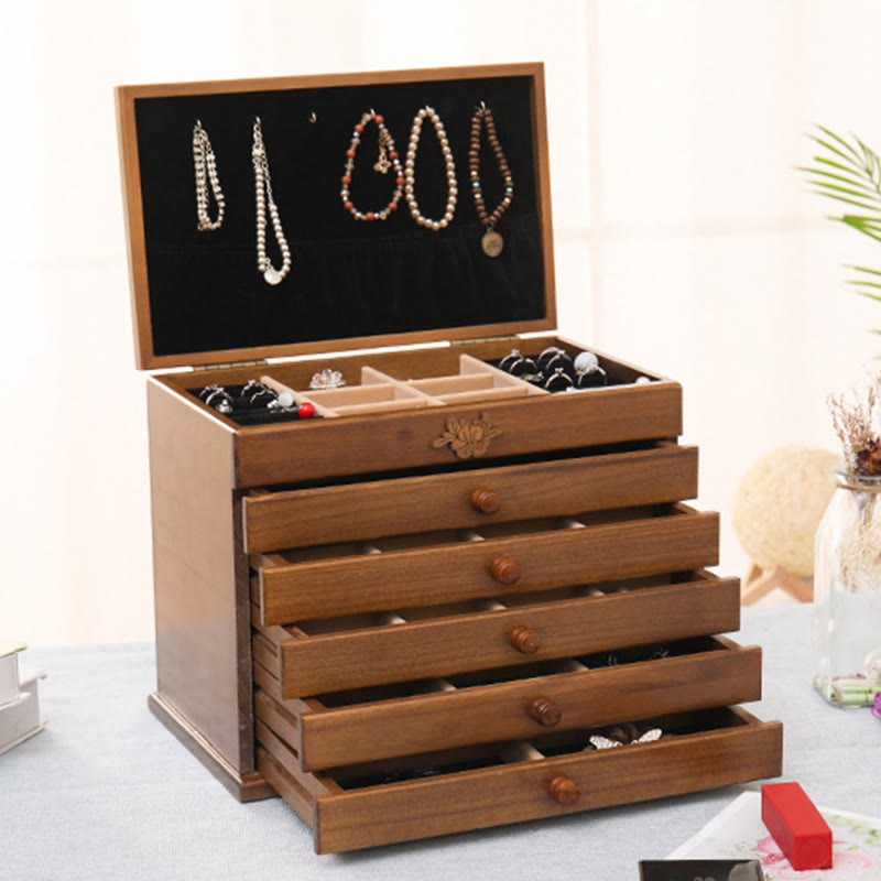 Boîte à bijoux en bois sculpté à six niveaux avec Buddha Stones et fleurs vintage de grande capacité