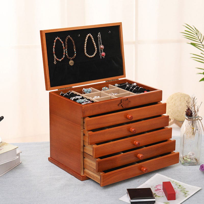 Boîte à bijoux en bois sculpté à six niveaux avec Buddha Stones et fleurs vintage de grande capacité