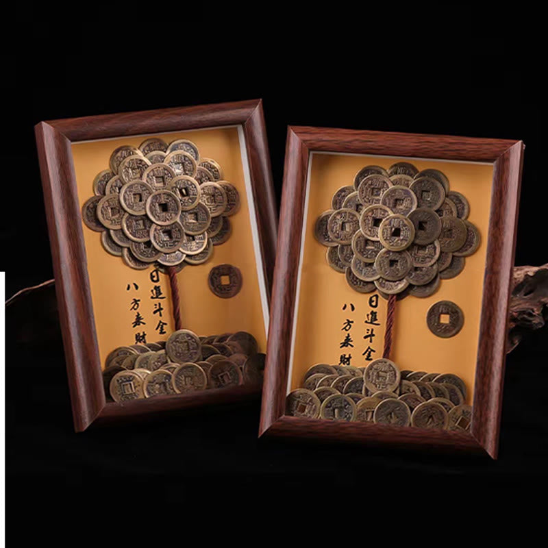 Arbre à trésors en Buddha Stones , pièces des cinq empereurs, cadre photo décoratif pour la maison, symbole de chance et de protection.