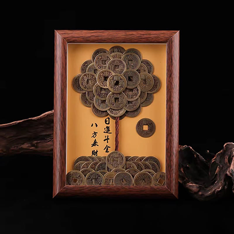 Arbre à trésors en Buddha Stones , pièces des cinq empereurs, cadre photo décoratif pour la maison, symbole de chance et de protection.