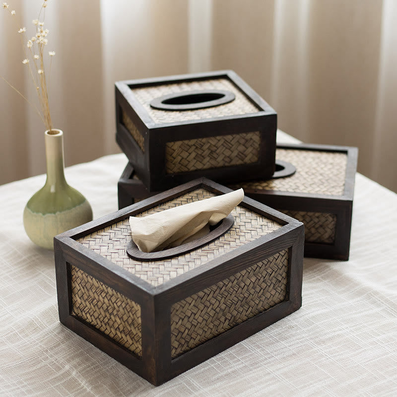Boîte à mouchoirs en bois tressé en bambou fait à la main Porte-mouchoirs en bois Boîtes à lingettes Décoration