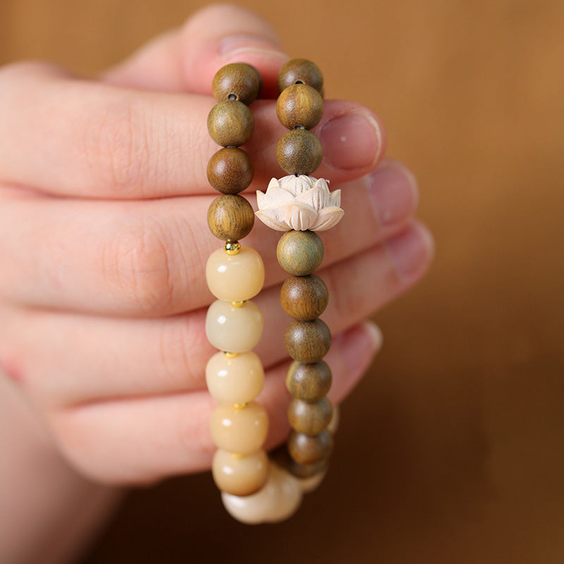 Bracelet Mala Lotus en Bois de Santal Vert & Graines de Bodhi – Perles ~8 mm