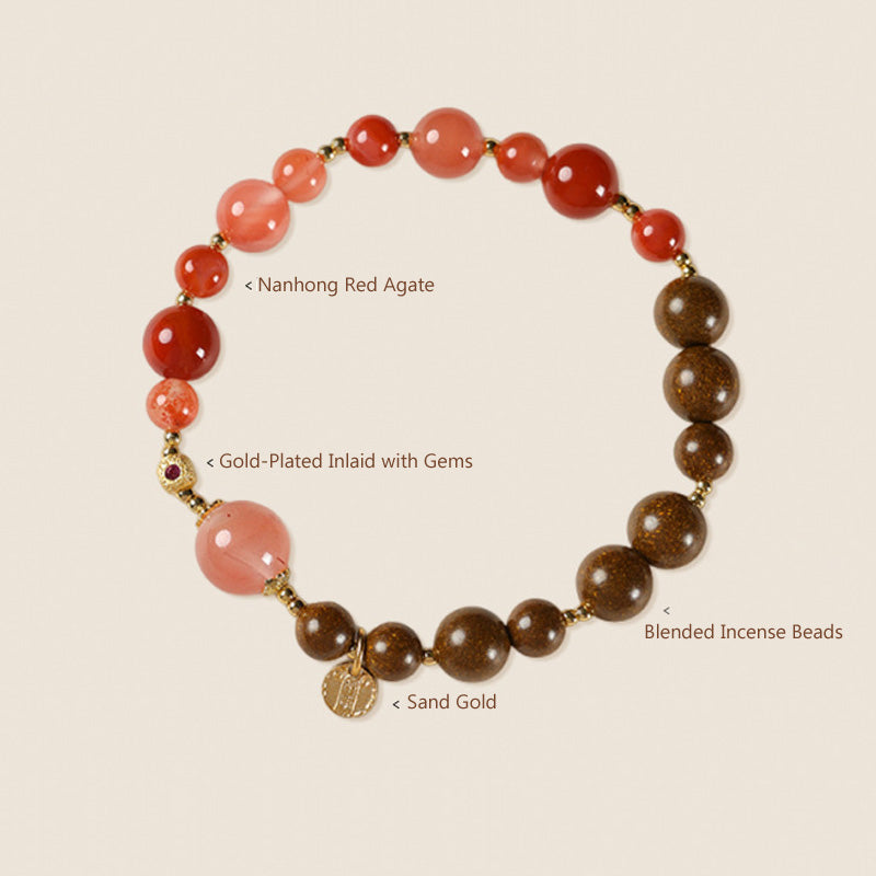 Bracelet Nanhong Agate & Perles Parfumées – “Cinq Voies du Dieu de la Richesse” (6–8 mm)