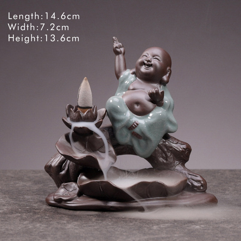 Brûleur d’Encens en Céramique Lotus & Petit Moine à Reflux