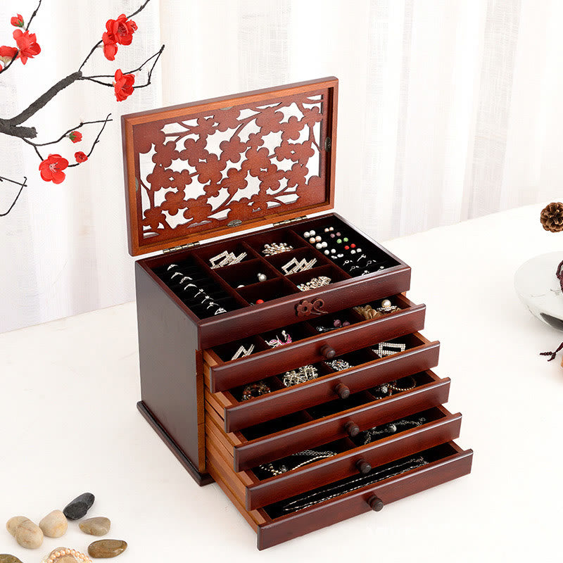 Boîte à bijoux en bois sculpté à six niveaux avec Buddha Stones et fleur de prunier vintage