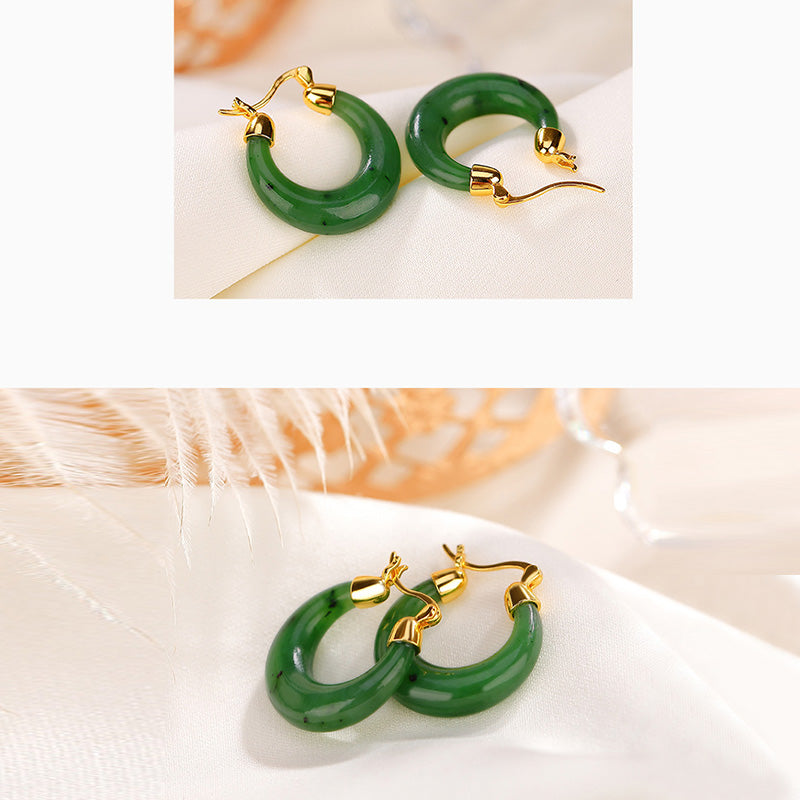 Boucles d’Oreilles Pendantes Porte-Bonheur en Jade Hetian Cyan Plaqué Or – 23 mm