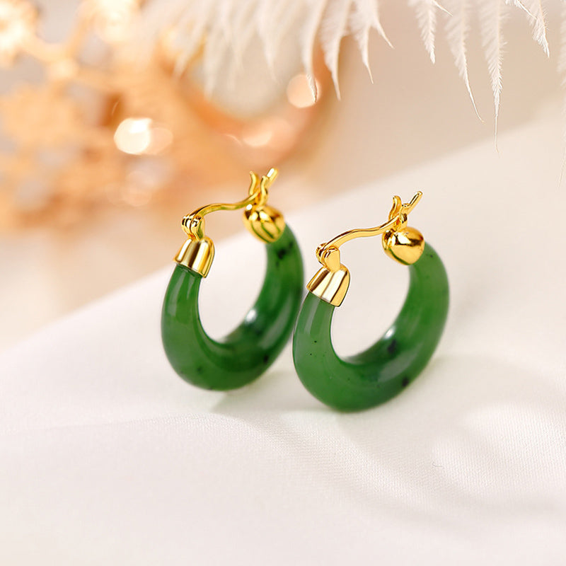 Boucles d’Oreilles Pendantes Porte-Bonheur en Jade Hetian Cyan Plaqué Or – 23 mm