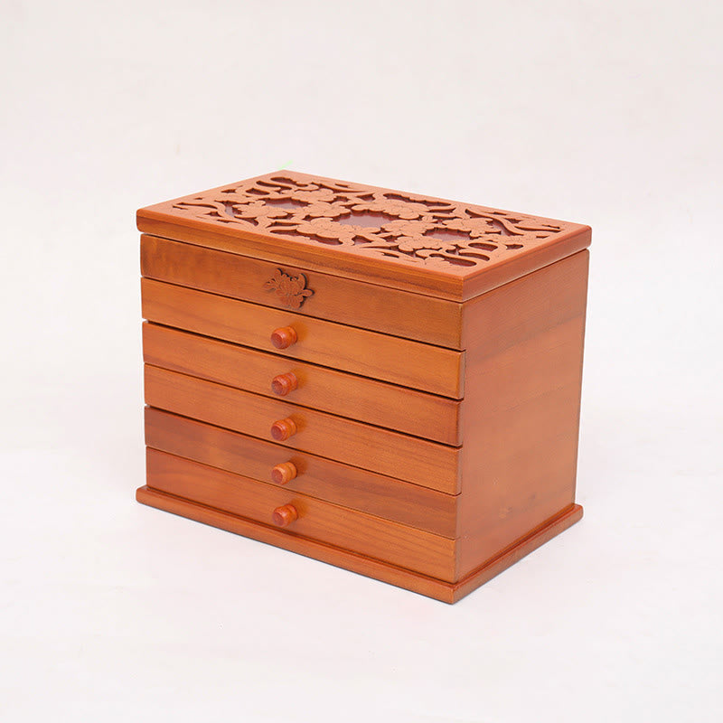 Boîte à bijoux en bois sculpté à six niveaux avec Buddha Stones et fleurs vintage de grande capacité
