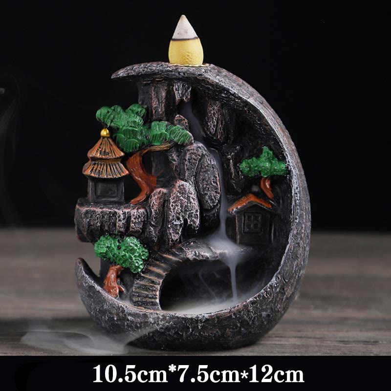 Brûleur d’Encens Bouddha à Cascade Paysage Montagnes en Résine