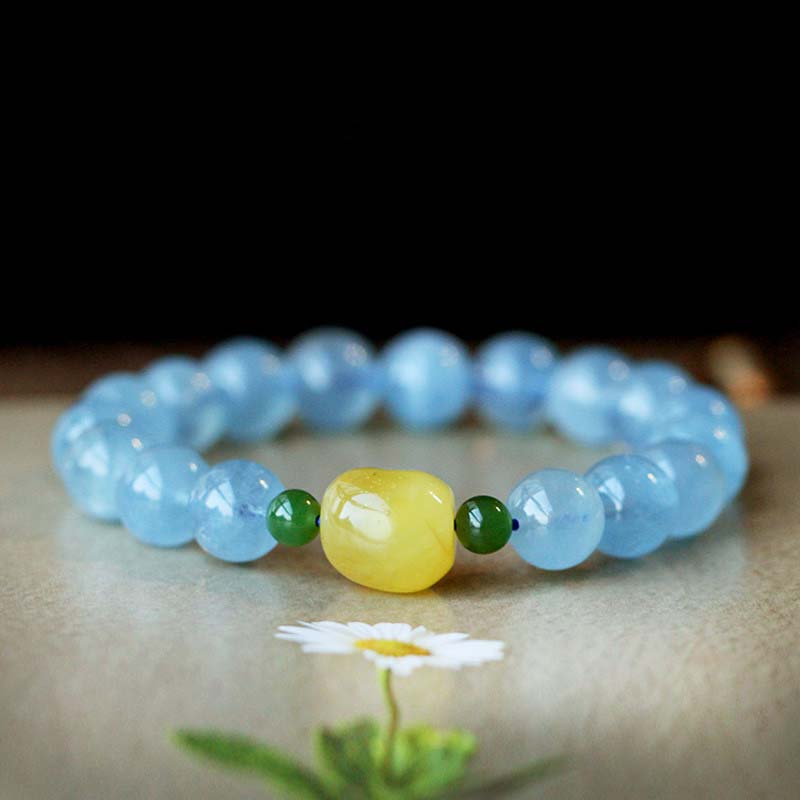 Bracelet Sérénité en Aigue-Marine & Ambre Naturels 8 mm | Harmonie & Apaisement Symbolique