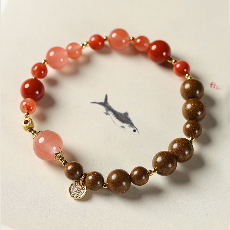 Bracelet Nanhong Agate & Perles Parfumées – “Cinq Voies du Dieu de la Richesse” (6–8 mm)