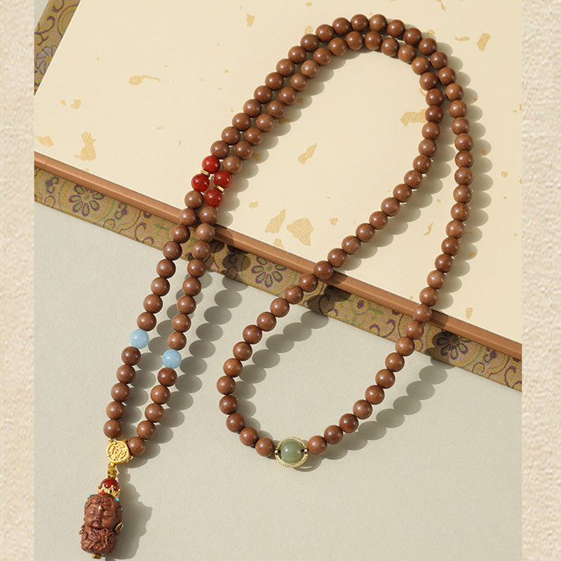 Bracelet Mala en Bois de Santal Ancien – Symboles Sacrés & Pierres Naturelles