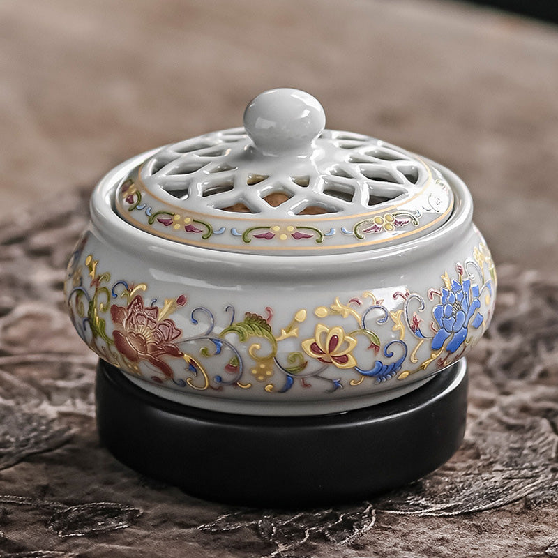 Brûleur d’Encens Électrique Lotus Peint – Céramique Artisanale d’Inspiration Chinoise