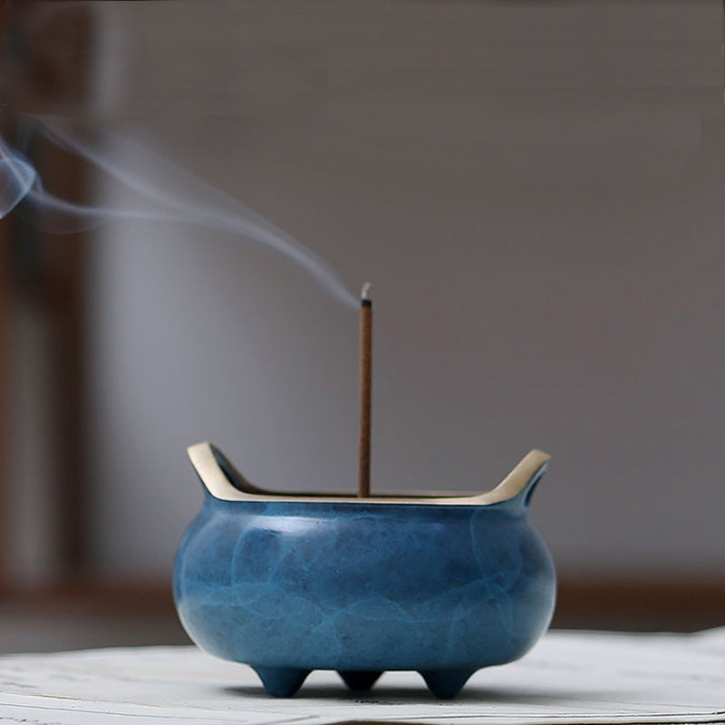 Brûleur d’Encens Tripode Émaillé Bleu – Style Ancien (6 cm)