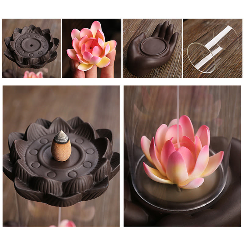 Porte-Encens Main de Bouddha Lotus Éveil en Argile Pourpre avec LED