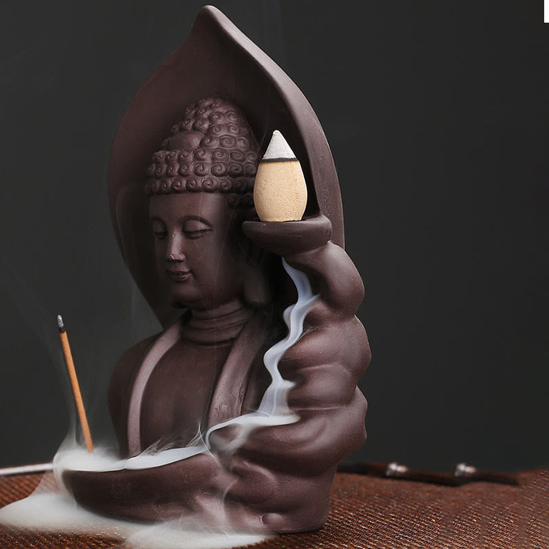 Brûleur d’Encens à Reflux Bouddha en Argile Pourpre – Design Lotus