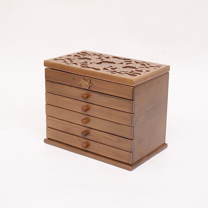 Boîte à bijoux en bois sculpté à six niveaux avec Buddha Stones et fleurs vintage de grande capacité
