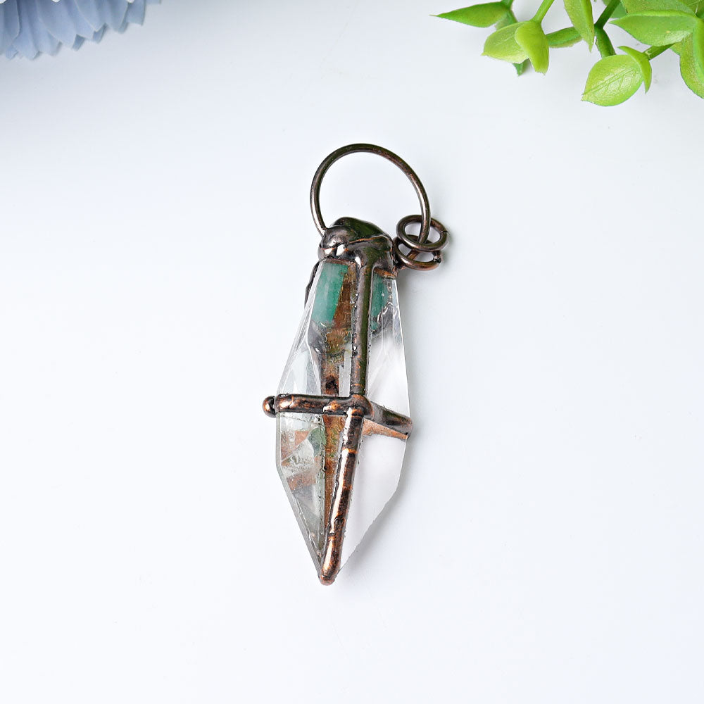 Pendentif Pointe en Quartz Clair & Amazonite Naturelle – 7,6 cm