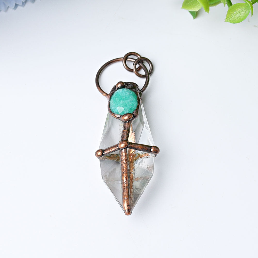 Pendentif Pointe en Quartz Clair & Amazonite Naturelle – 7,6 cm
