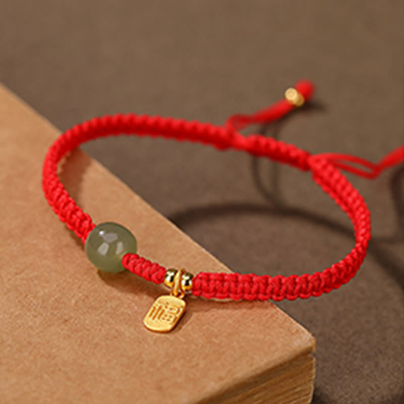 Bracelet Ajustable en Jade Hetian Rouge 7 × 8 mm & Fil Tressé