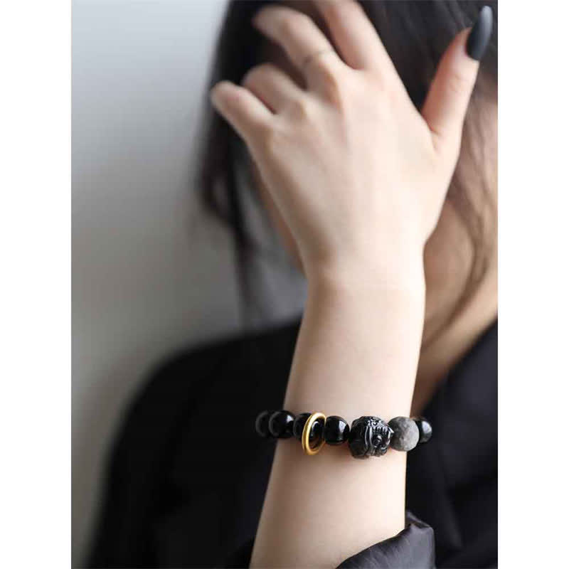 Bracelet Force du Lion en Obsidienne Noire & Argentée – Perles 12 mm