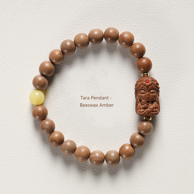 Bracelet Mala Tara en Bois de Santal Ancien & Pierres Naturelles – Perles ~8 mm
