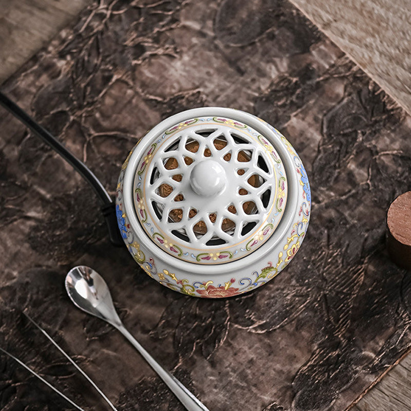 Brûleur d’Encens Électrique Lotus Peint – Céramique Artisanale d’Inspiration Chinoise