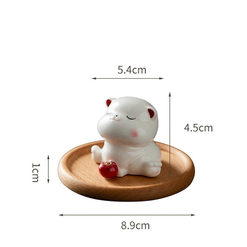 Porte-Encens Céramique Chat – Design Adorable & Plateau Bois (5,4 cm)