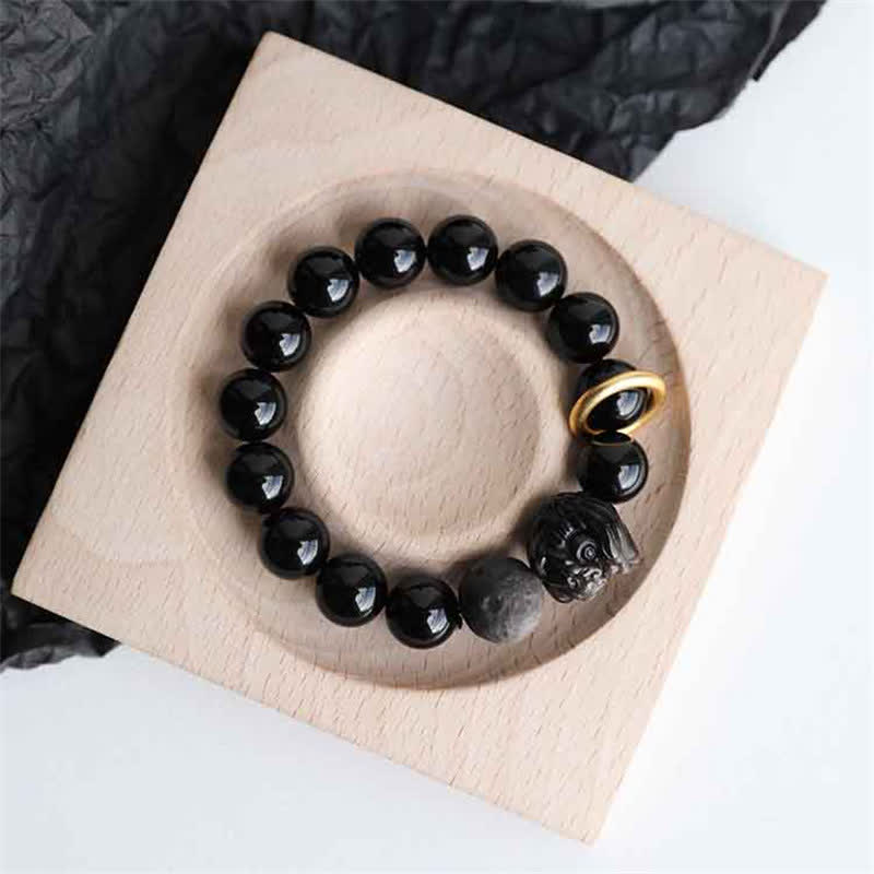 Bracelet Force du Lion en Obsidienne Noire & Argentée – Perles 12 mm