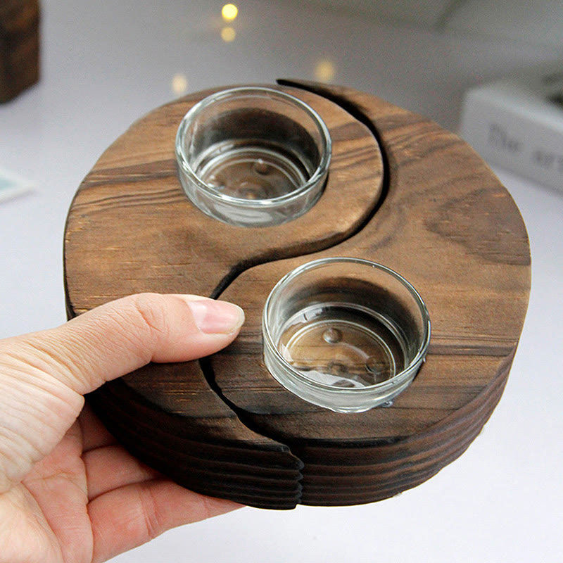 Porte Bougie Yin Yang en Bois pour Autel Spirituel
