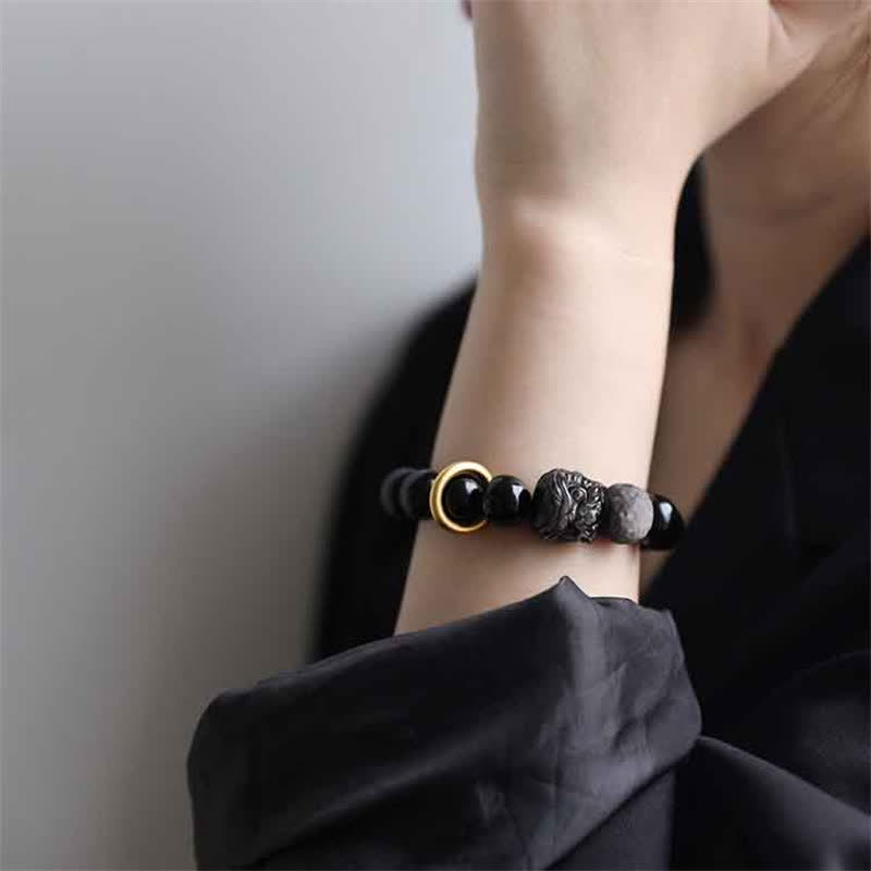 Bracelet Force du Lion en Obsidienne Noire & Argentée – Perles 12 mm