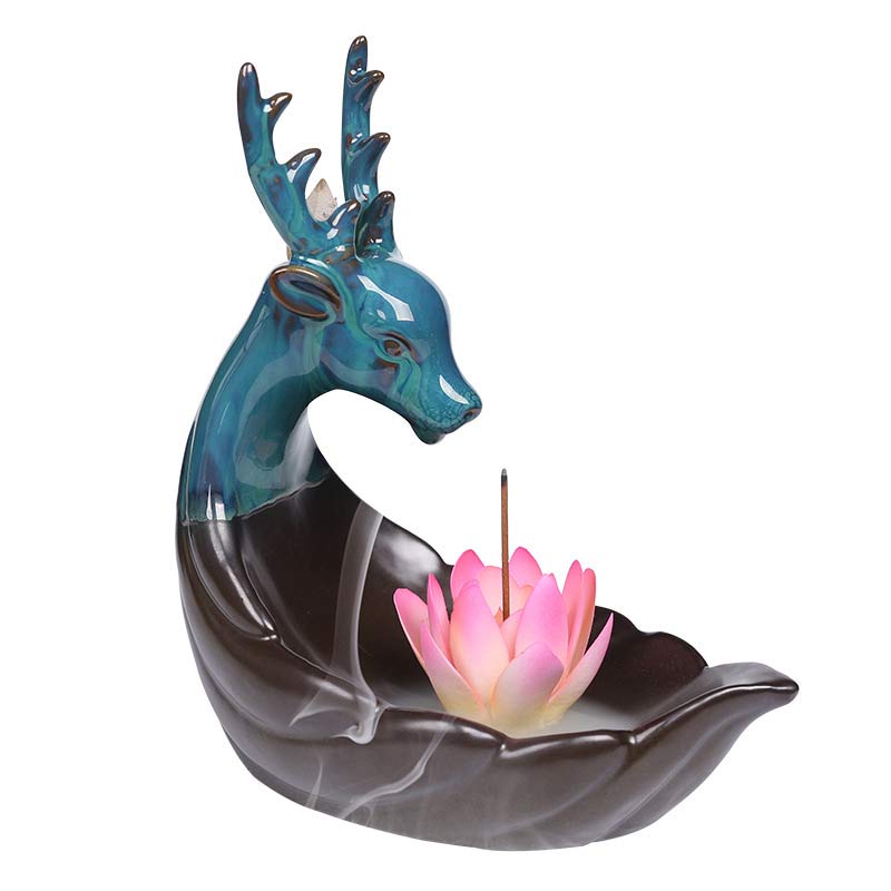 Brûleur d’Encens en Céramique Lotus & Cerf à Reflux