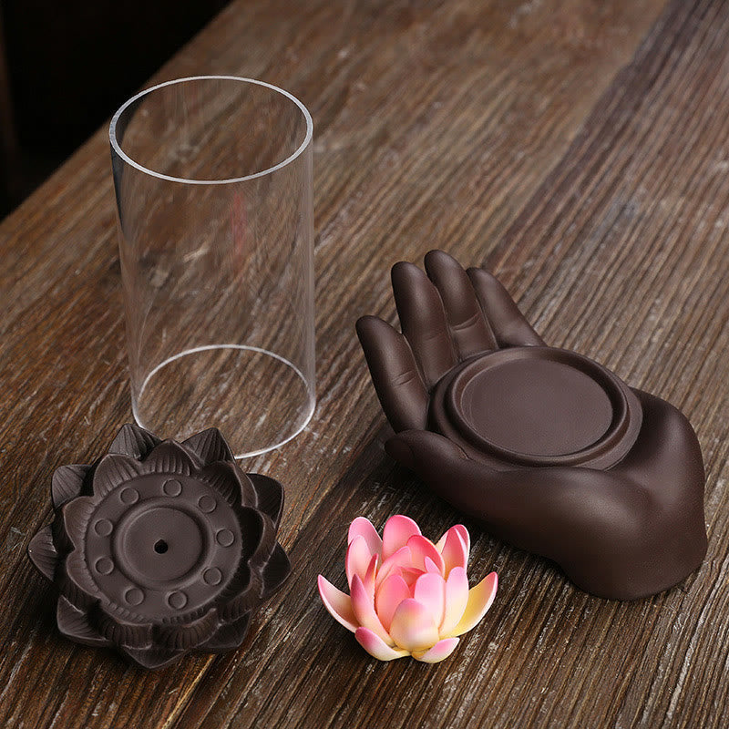 Porte-Encens Main de Bouddha Lotus Éveil en Argile Pourpre avec LED