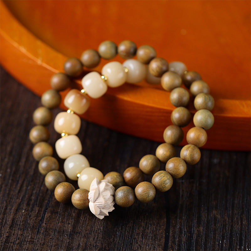 Bracelet Mala Lotus en Bois de Santal Vert & Graines de Bodhi – Perles ~8 mm