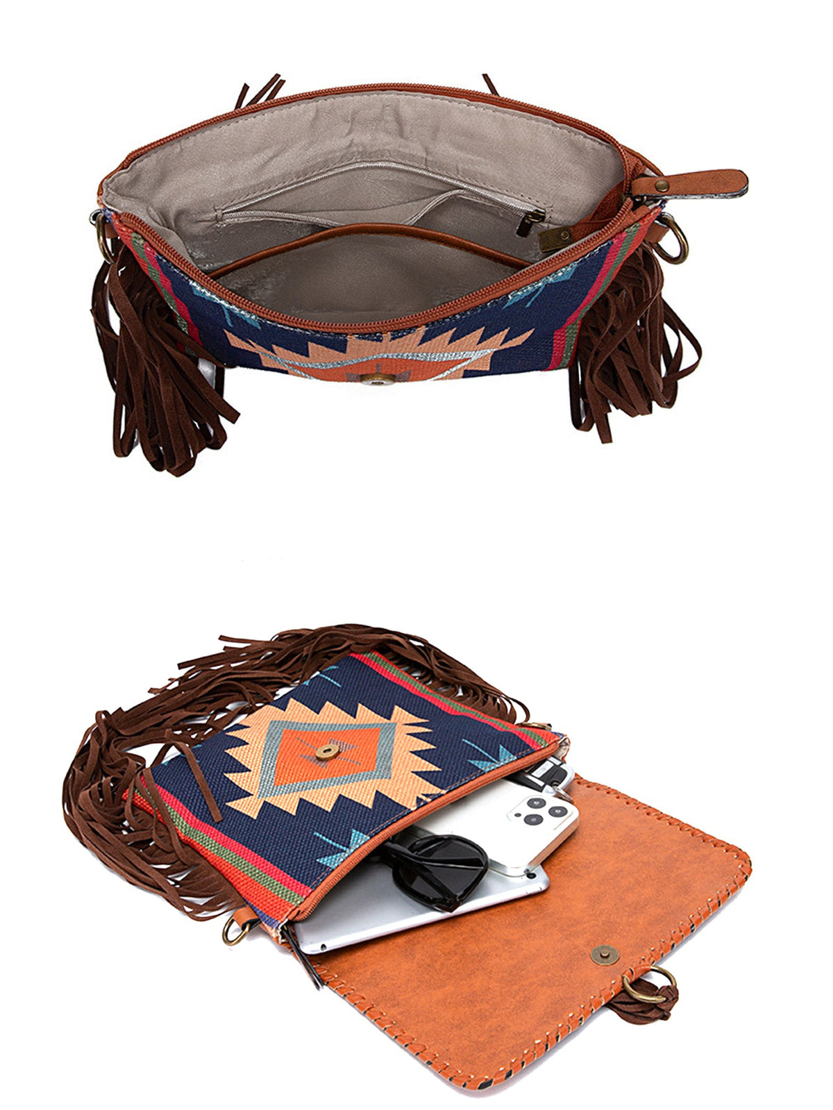 Sac à bandoulière femme en cuir style boho – Cuir véritable – 26 cm