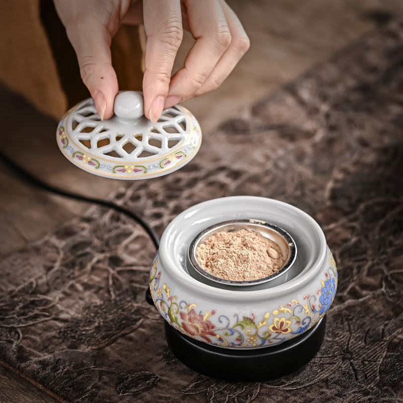 Brûleur d’Encens Électrique Lotus Peint – Céramique Artisanale d’Inspiration Chinoise