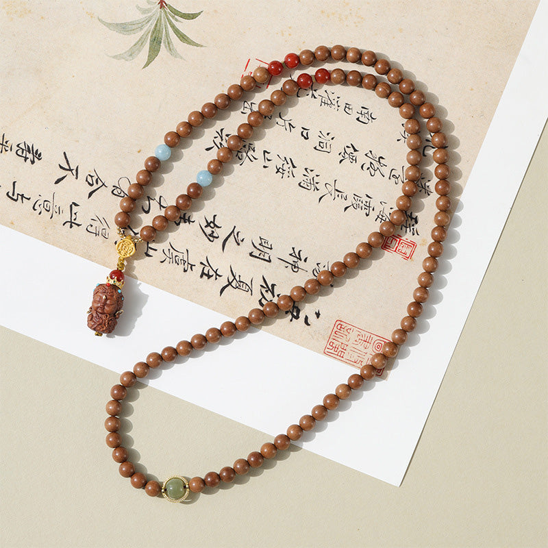 Bracelet Mala en Bois de Santal Ancien – Symboles Sacrés & Pierres Naturelles