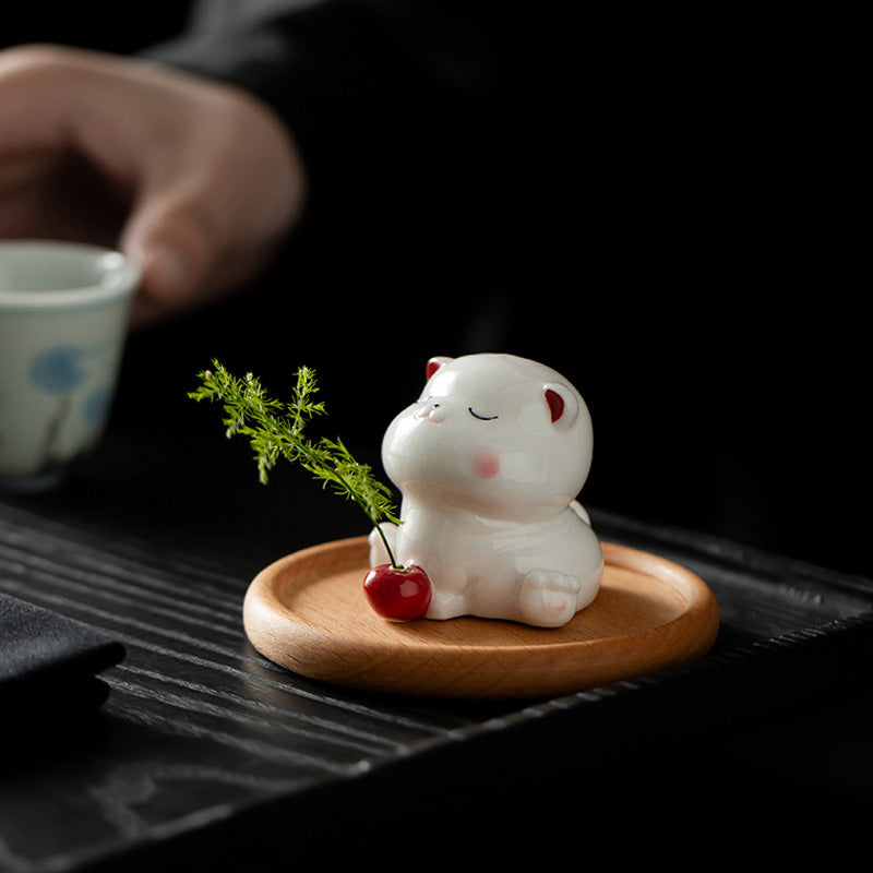 Porte-Encens Céramique Chat – Design Adorable & Plateau Bois (5,4 cm)