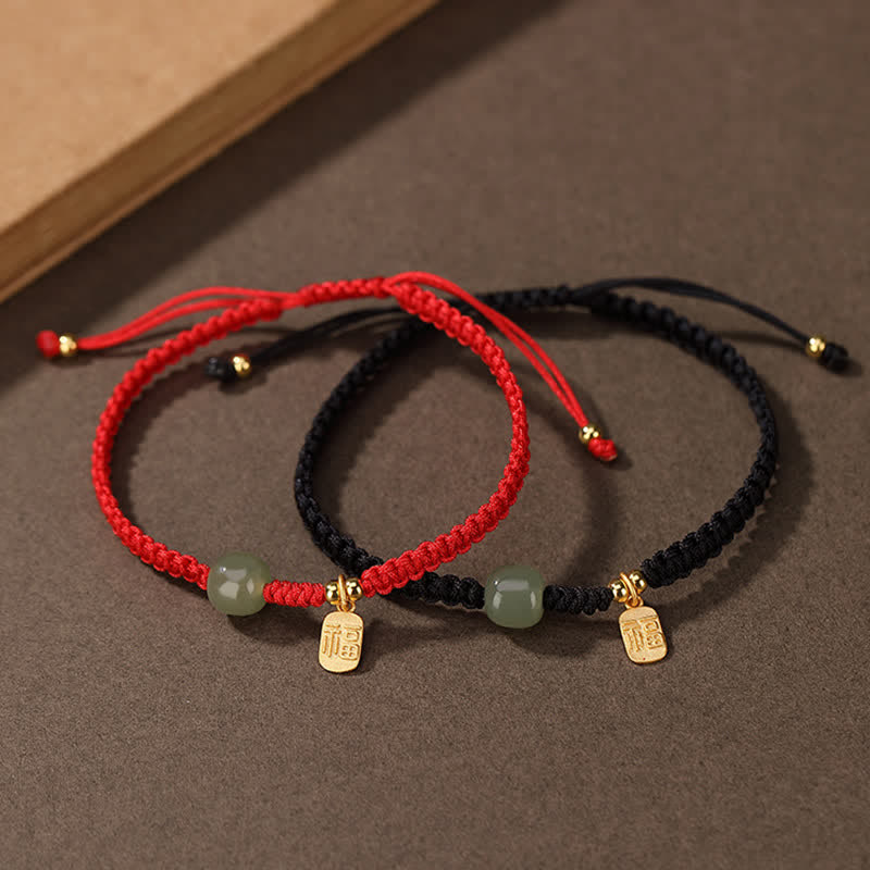 Bracelet Ajustable en Jade Hetian Rouge 7 × 8 mm & Fil Tressé