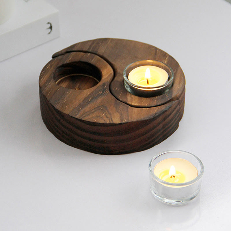 Porte Bougie Yin Yang en Bois pour Autel Spirituel