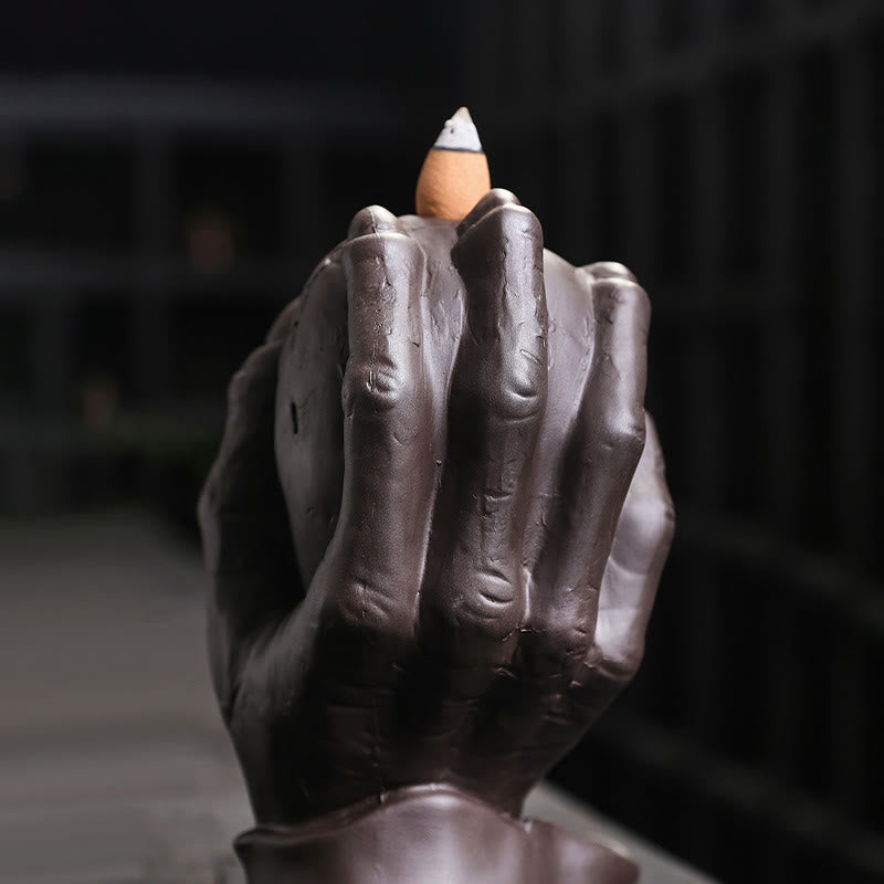 Brûleur d'encens spirituel en argile violette avec tête de mort et main fantôme en Buddha Stones